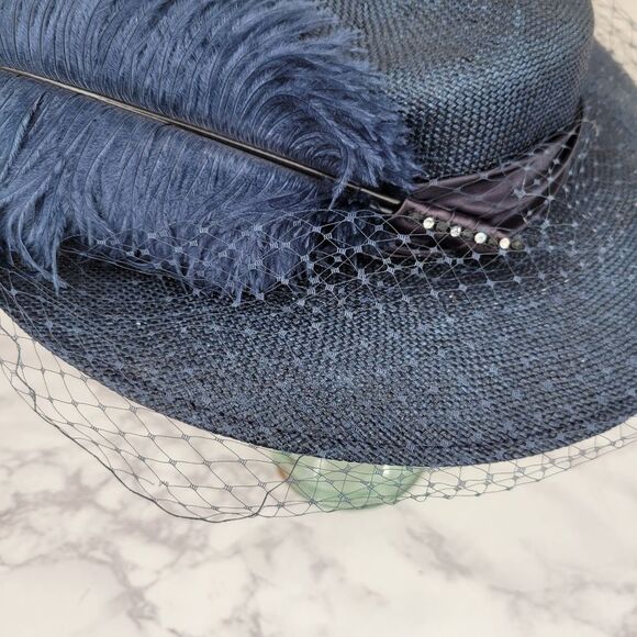 Mr Charles Vintage Navy Feathered Women's Hat With Net Veil Church Derby Straw - Picture 4 of 14